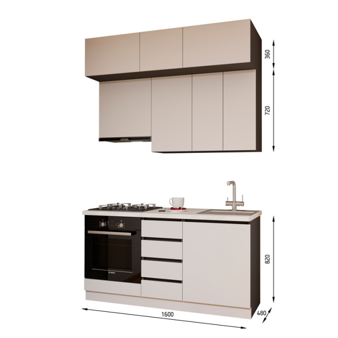 Кухня готова ДСП 1 Класик 1,6 м вбудована плита та вбудована витяжка, з антресолями, без ручок Senam