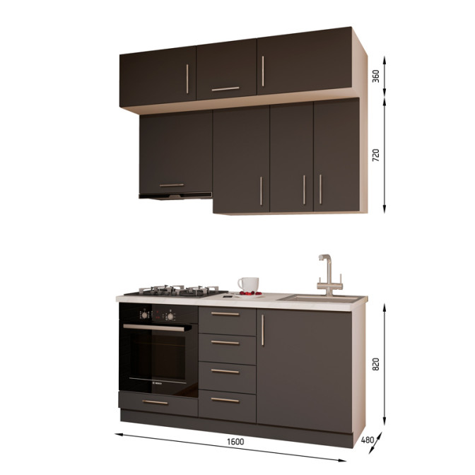 Кухня готова ДСП 1 Класик 1,6 м вбудована плита та вбудована витяжка, з антресолями, з ручками Senam    