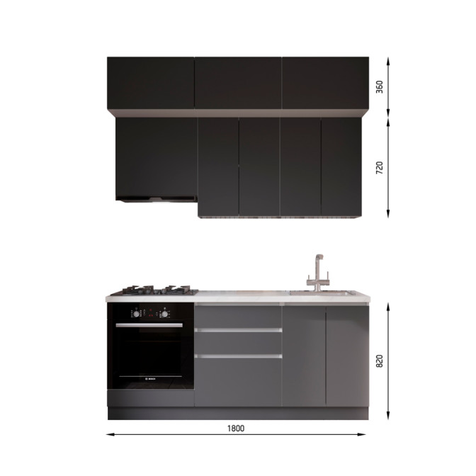 Кухня готова ДСП 1 Класик 1,8 м вбудована плита та вбудована витяжка, з антресолями, без ручок Senam    