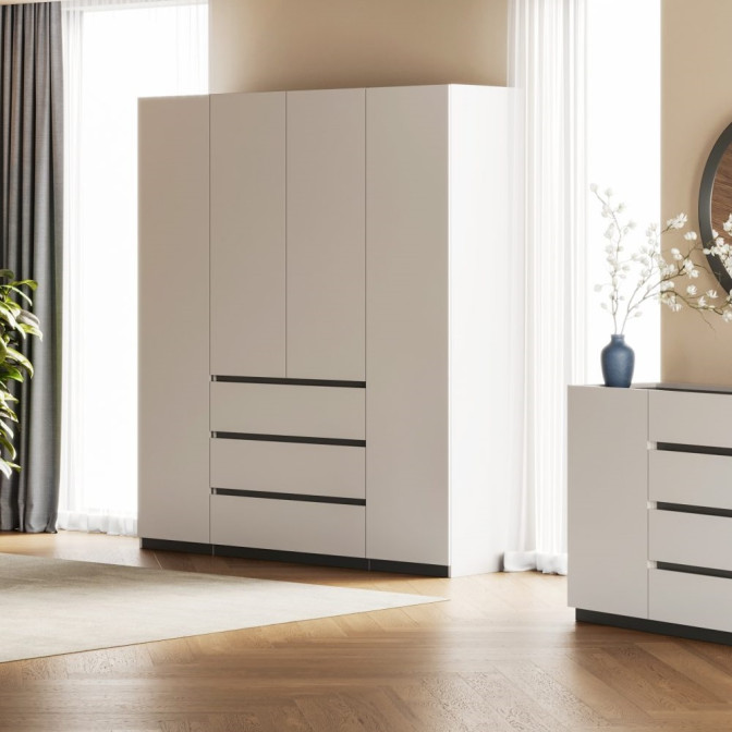 Шкаф 4Дв 3Ящ Дуо / Duo Супермат Белый - Глянец Антрацит MiroMark DU-14-WM