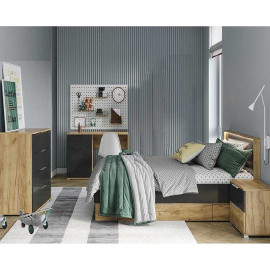 Комплект в Детскую спальню Луна Джуниор / Luna Junior Дуб Крафт - Мат Лава Комод 4Ящ, Стол 1Дв 1Ящ, Кровать, Тумба 2Ящ MiroMark