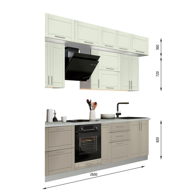 Кухня готовая МДФ Руан 2,6 м пленка встроенная плита, отдельная вытяжка, с антресолями, с ручками Senam