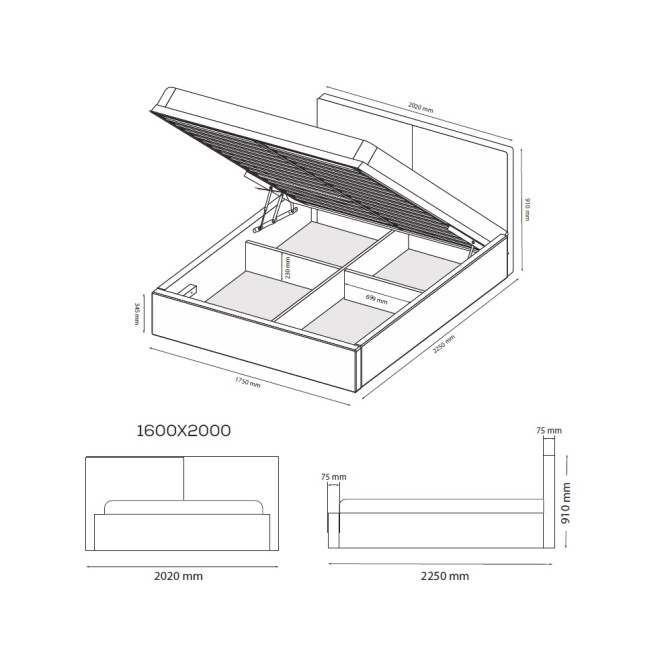 Кровать Мягкая обивка с каркасом Подъёмным механизмом 1,6x2,0 Дуо / Duo Графит 21 MiroMark DU-46-WM
