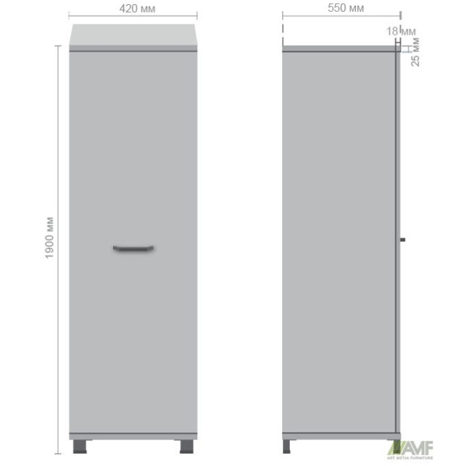 Шкаф гардероб с зеркалом SIG – 901 - 1 (550х420х1900мм) Опоры, ручка Черный графит / Вяз Либерти Дымчатый AMF