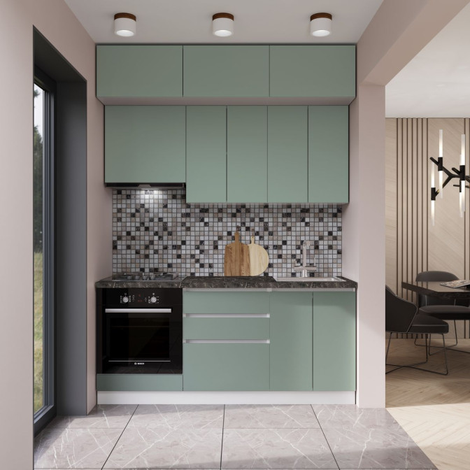 Кухня готова МДФ Каста 1,8 м Kastamonu H720 вбудована плита, вбудована витяжка, з антресолями, відкриття за рахунок фасаду Senam