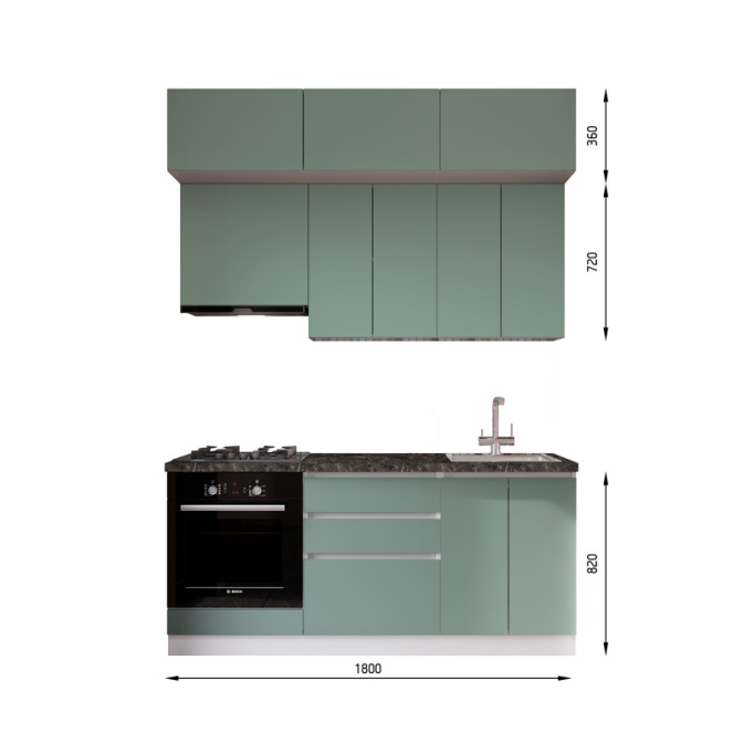 Кухня готова МДФ Каста 1,8 м Kastamonu H720 вбудована плита, вбудована витяжка, з антресолями, відкриття за рахунок фасаду Senam