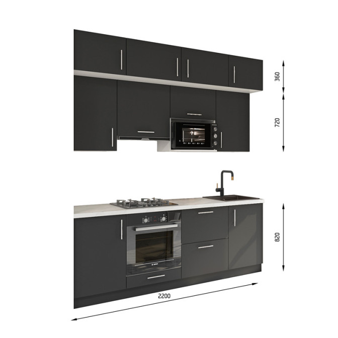 Кухня готова ДСП 1 Класик 2,2 м вбудована плита та вбудована витяжка, з антресолями, з ручками Senam