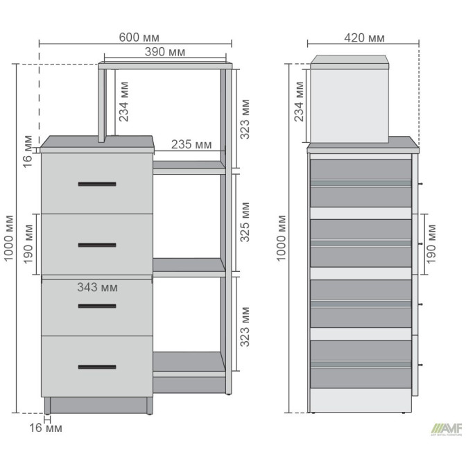 Пенал City-600R чотири ящики з полицями (600х420х1000Н) Антрацит AMF
