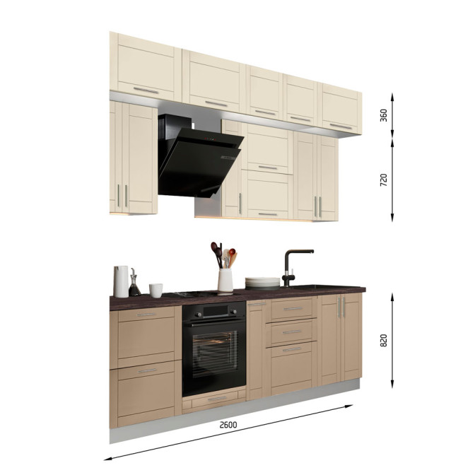 Кухня готовая МДФ Руан 2,6 м краска встроенная плита, отдельная вытяжка, с антресолями, с ручками Senam